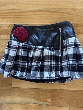 Kate Mack Black Faux Leather Skirt with Red Rose Accent
